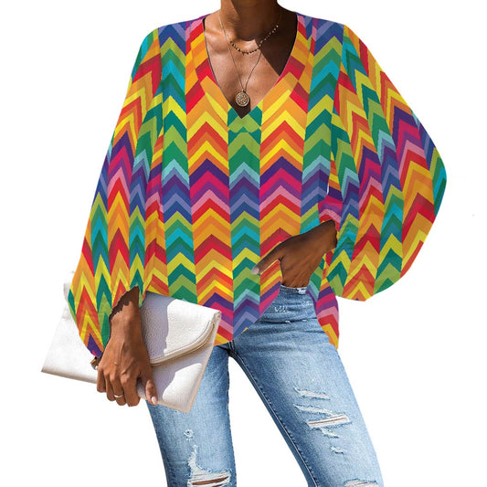 V-Neck Chiffon Puff Sleeve Blouse by Luxtrini