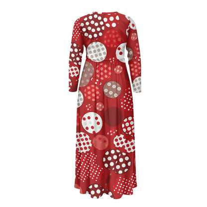 Women's Long Sleeve Maxi Dress with Pockets – Festive Polka Dot Pattern in Red