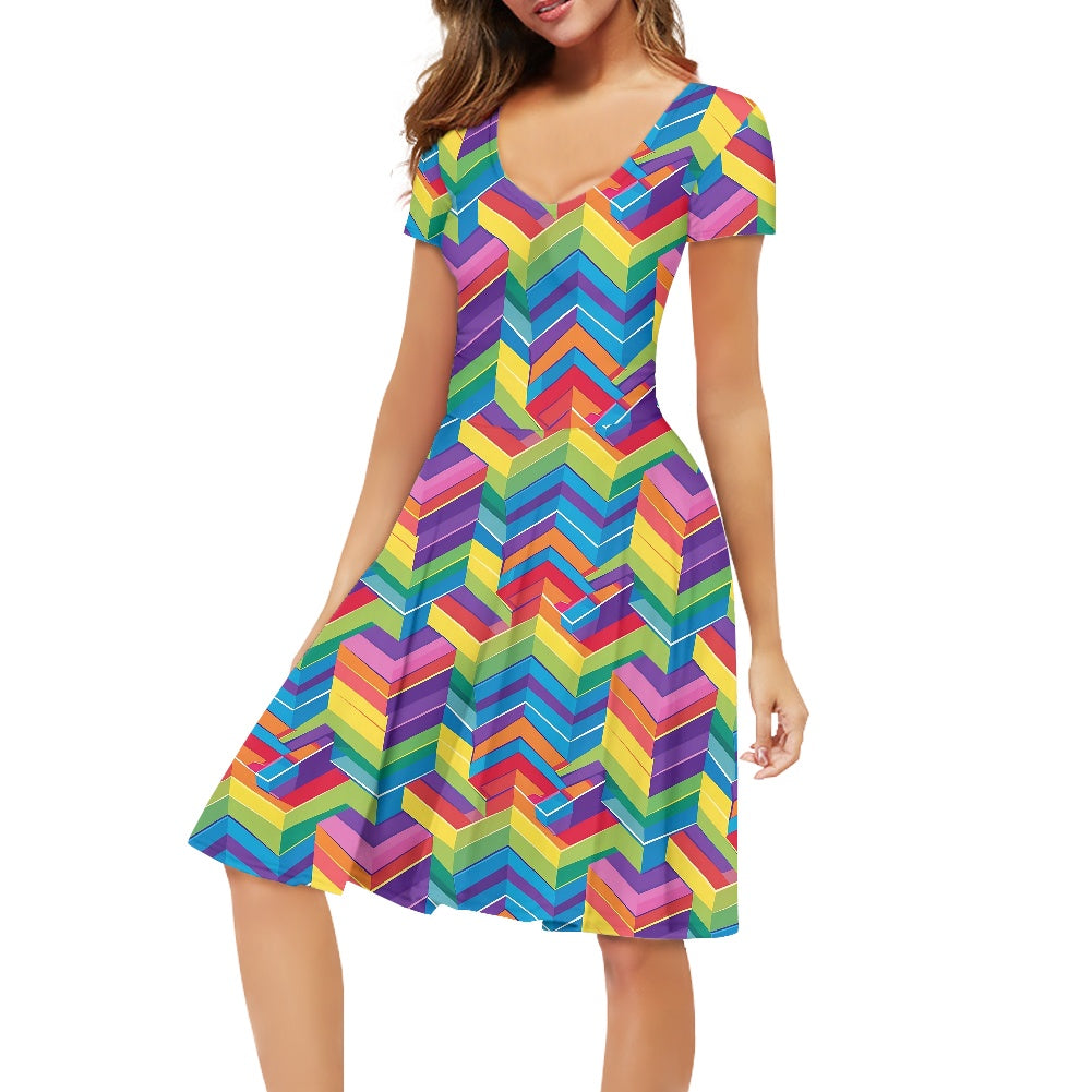 Rainbow Geometric Women V-Neck Short Sleeve Ruffle Dress