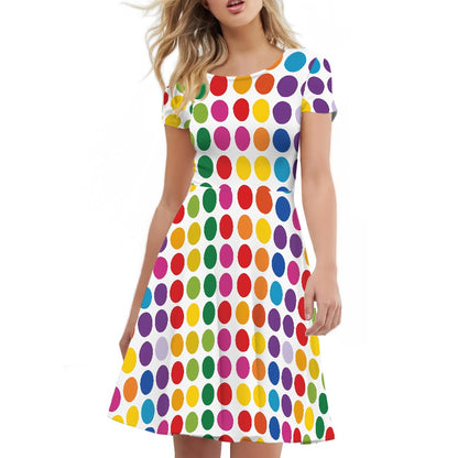 Rainbow Polka Dot Women Scoop Neck Short Sleeve Ruffle Dress