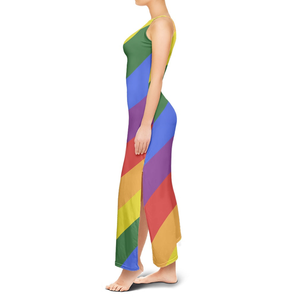 Rainbow Round Neck Double Slit Sundress - Elegant Ankle-Length, Perfect for Office, Party, and Evening Wear