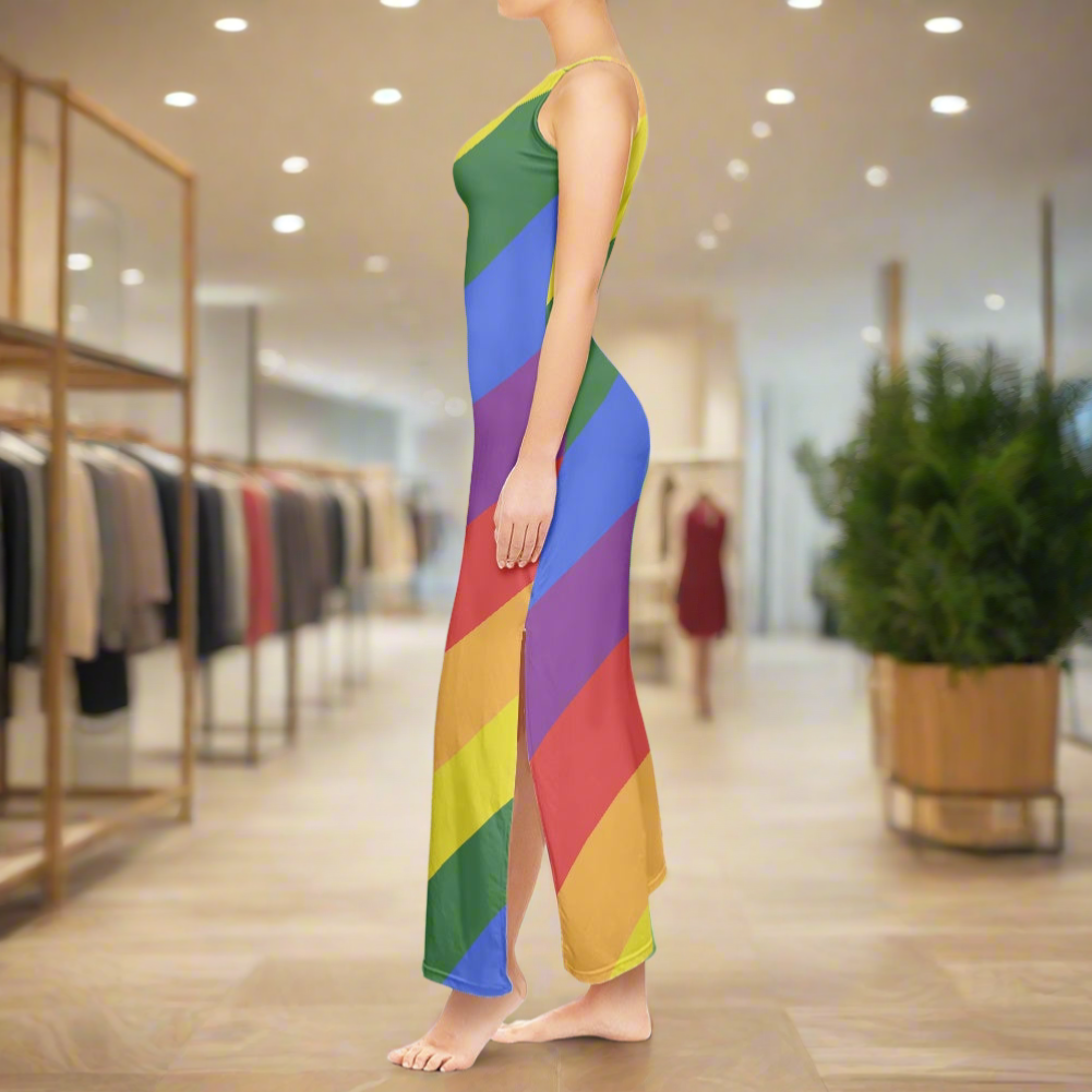 Rainbow Round Neck Double Slit Sundress - Elegant Ankle-Length, Perfect for Office, Party, and Evening Wear