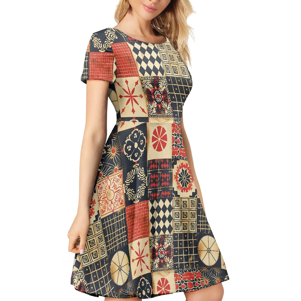 Women Scoop Neck Short Sleeve Ruffle Dress