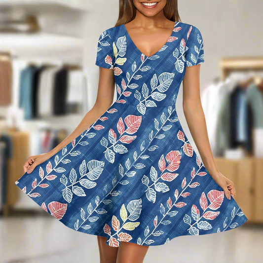 Serene Garden Women V-Neck Ruffle Short Sleeve Dress - Shibori Dye & Leaf Patterns in Multicolor