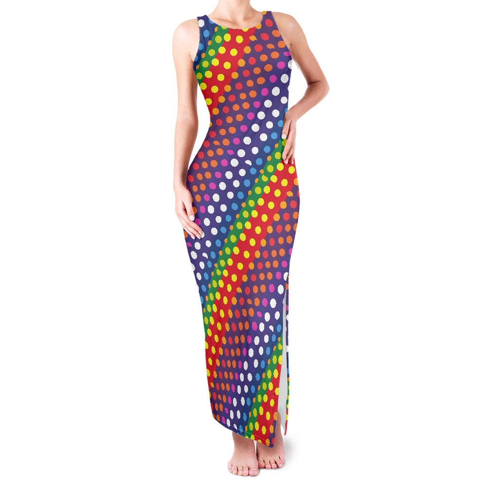 LGBTQ-Friendly Rainbow Polka Dot Round Neck Double Slit Sundress by Luxtrini white