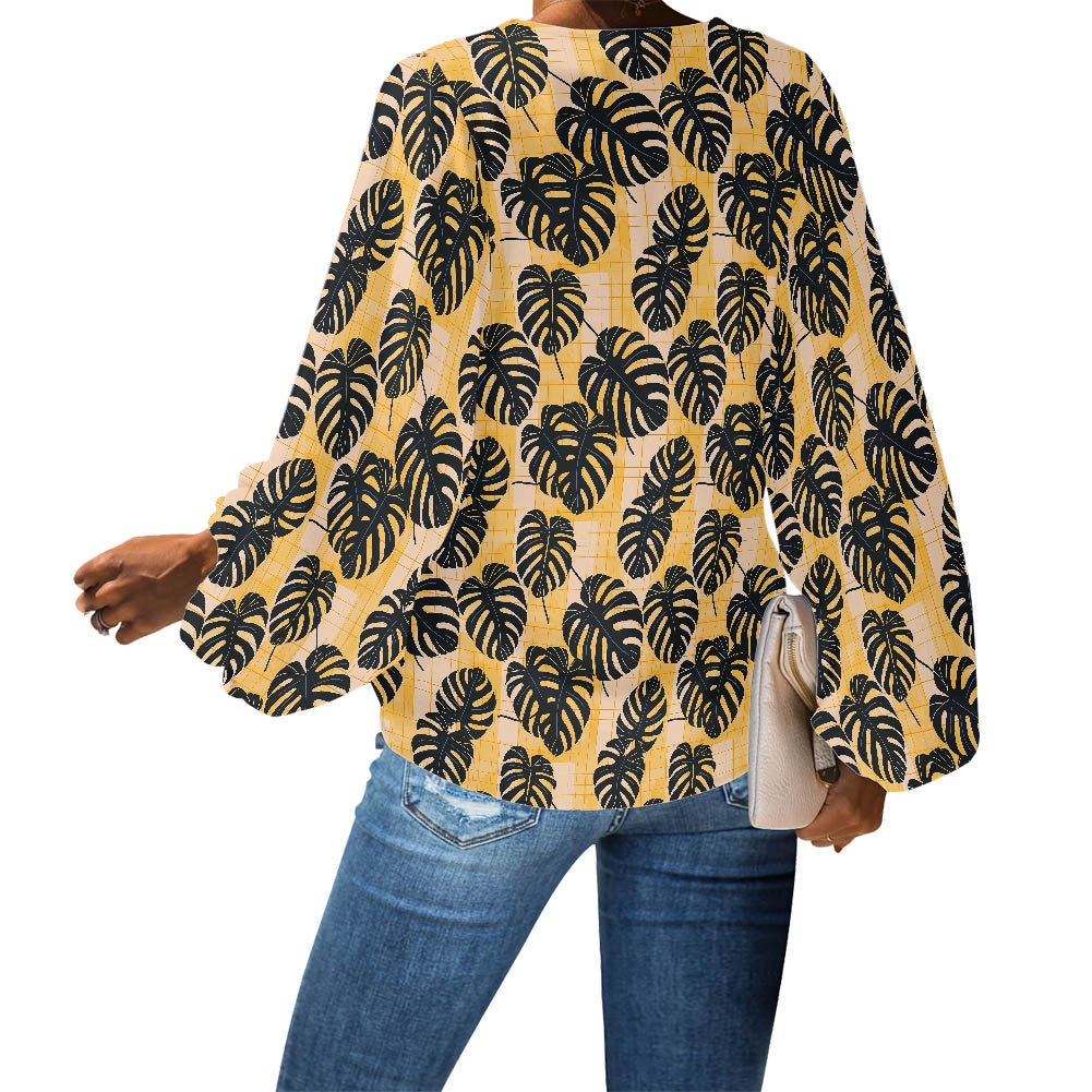 V-Neck Chiffon Puff Sleeve Blouse by Luxtrini