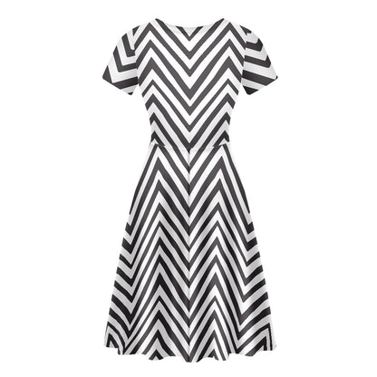 Black and White Chevron Women Scoop Neck Short Sleeve Ruffle Dress
