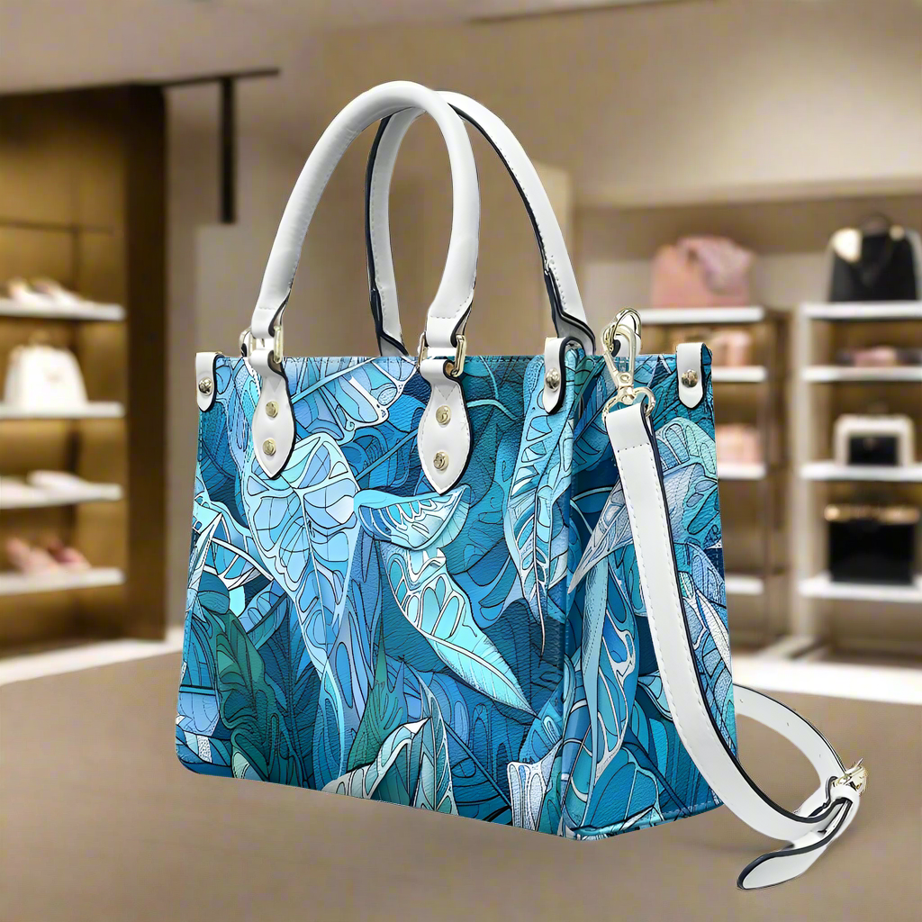 Ocean Leaf Designer  - Versatile Women's PU Leather Twill Handbag in Tropical Blues