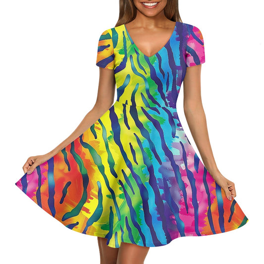 Rainbow Animal Print Women V-Neck Short Sleeve Ruffle Dress