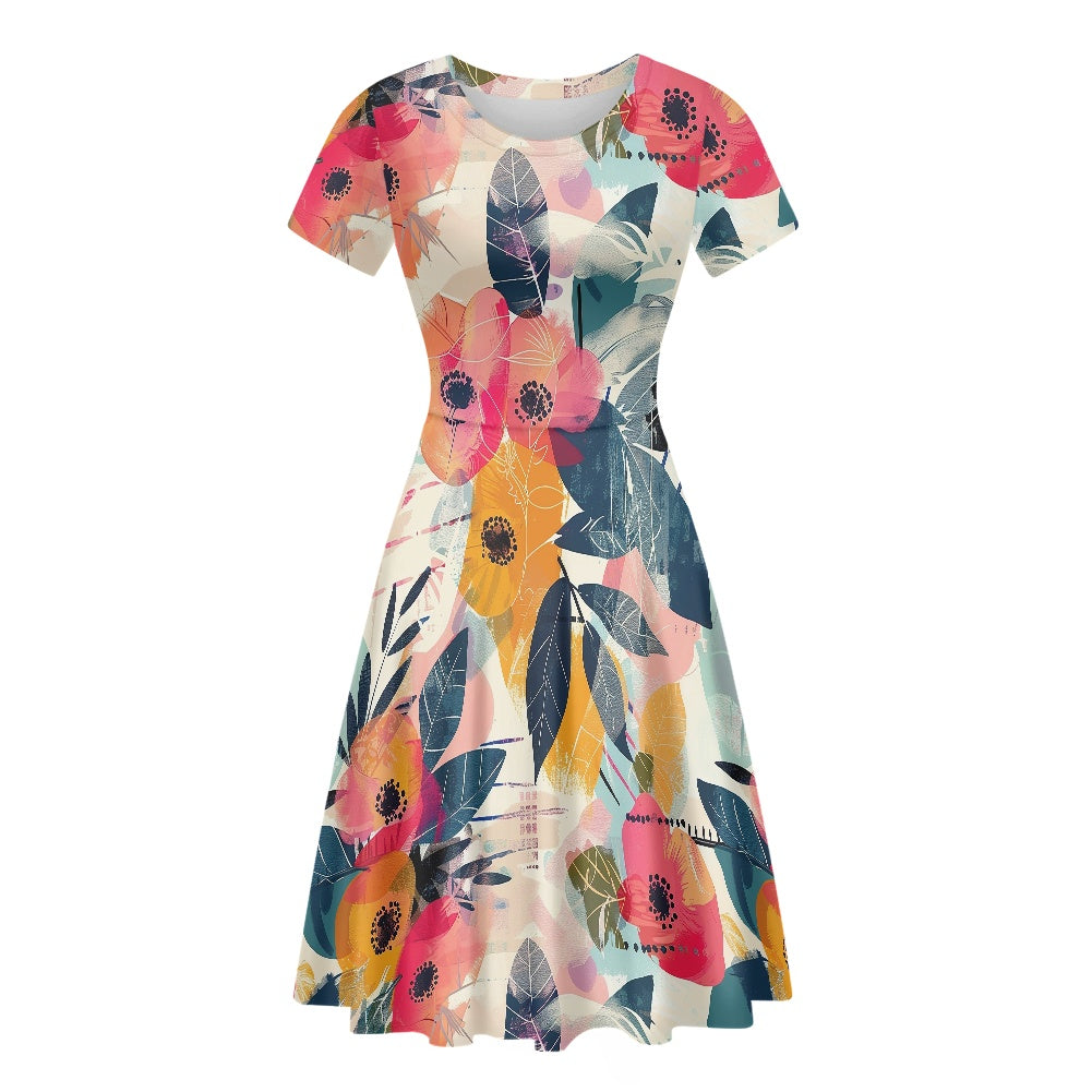 Women Scoop Neck Short Sleeve Ruffle Dress white