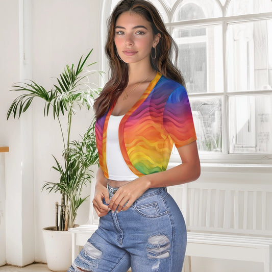 Rainbow Wavy Mini Cardigan – Women's Chiffon Short Jacket, Colorful Sheer Cover Up, Lightweight Layer