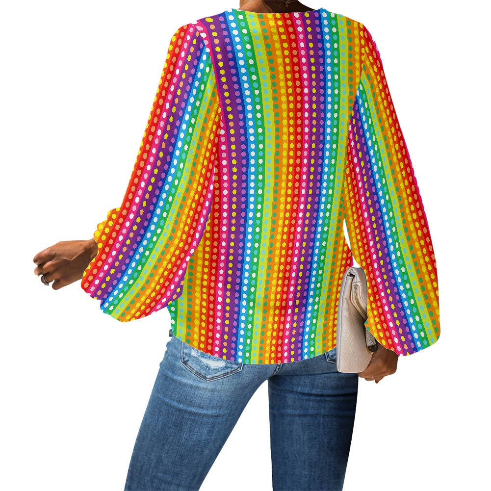 Rainbow Stripes with colored polka dots V-Neck Chiffon Puff Sleeve Blouse by Luxtrini