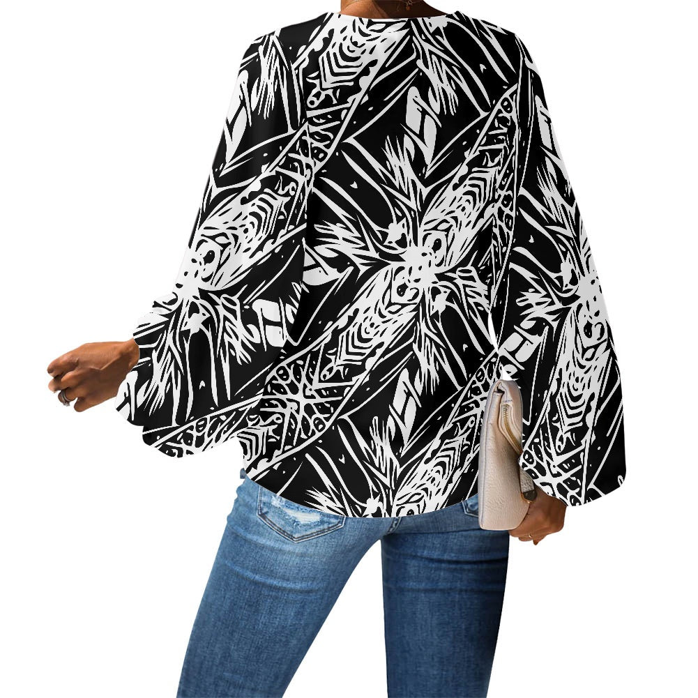 V-Neck Puff Sleeve Chiffon Blouse