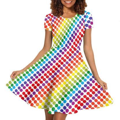 Rainbow Polka Dot Women Scoop Neck Short Sleeve Ruffle Dress