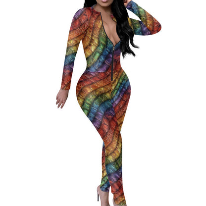 Unique Alligator Skin pattern Rainbow Pride Women's Plunging Neck Jumpsuit