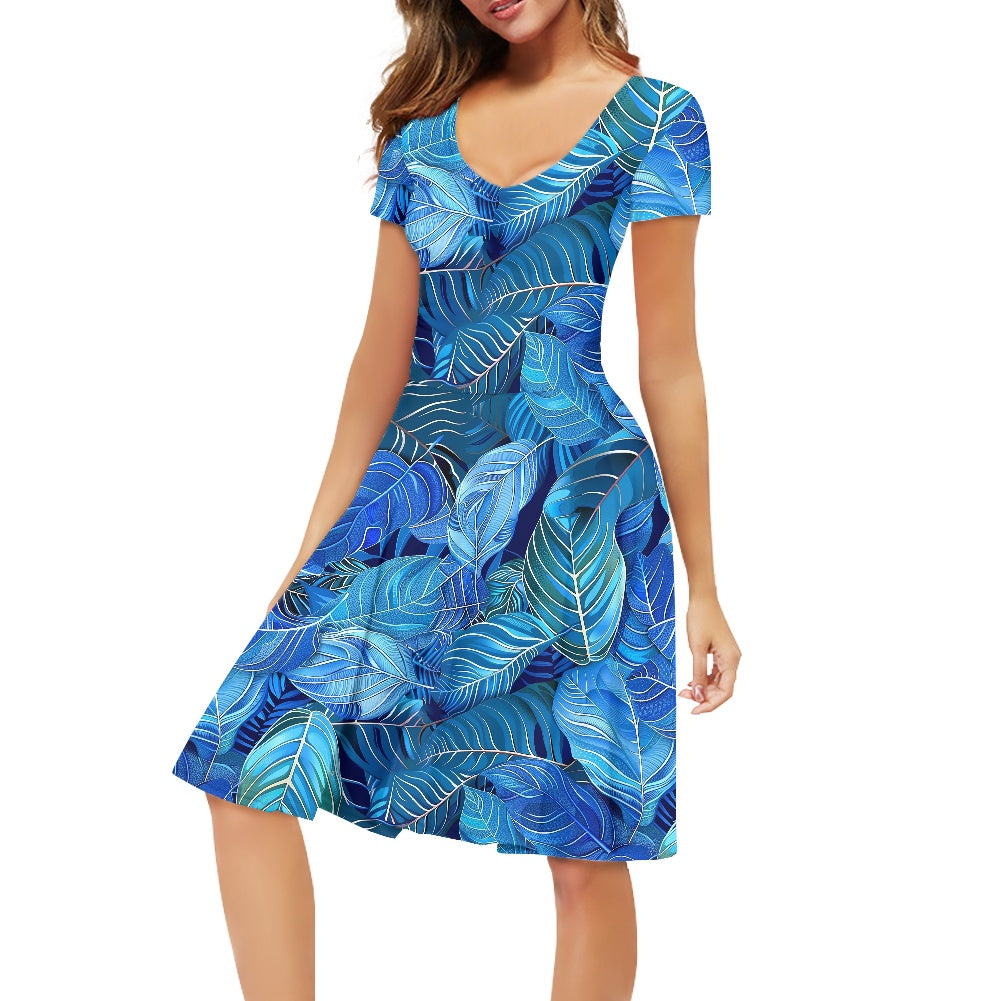 Blue Leaves Women V-Neck Short Sleeve Ruffle Dress