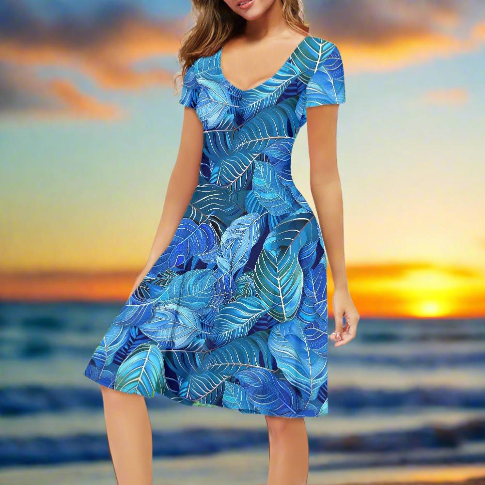 Blue Leaves Women V-Neck Short Sleeve Ruffle Dress