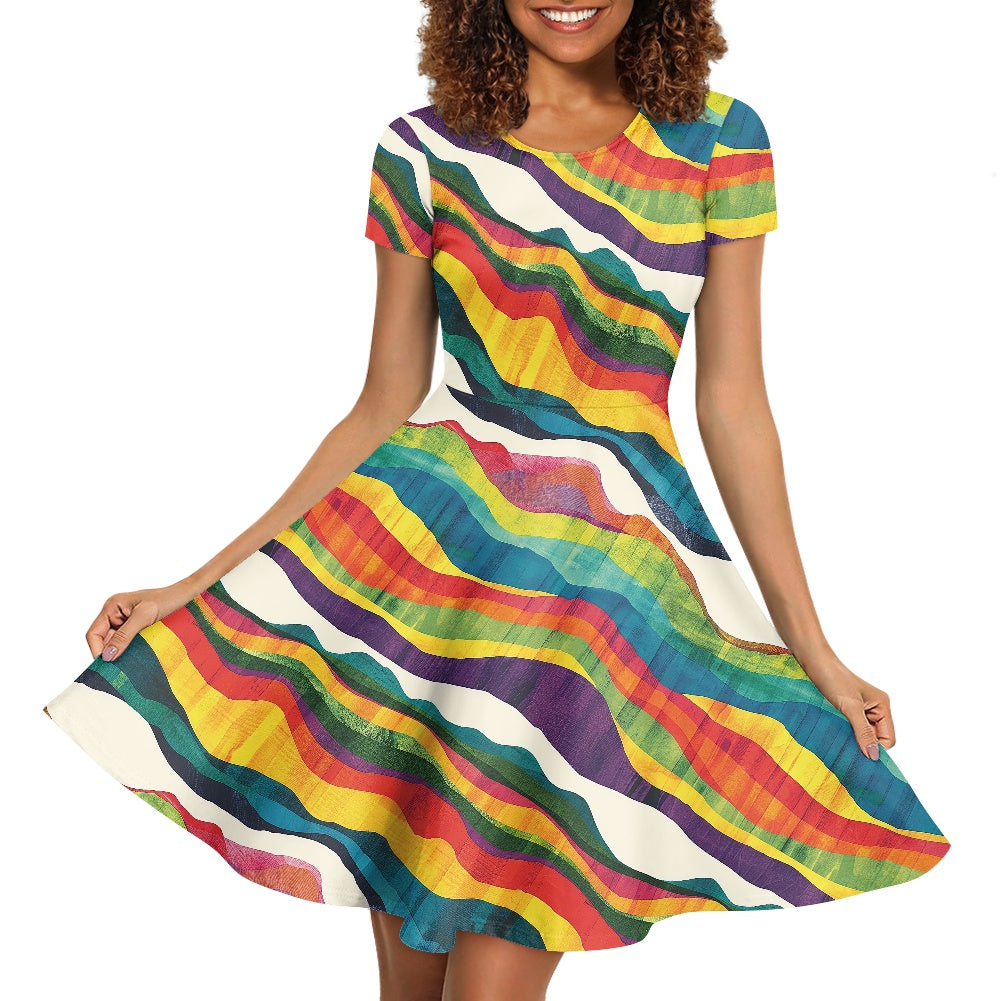 Women Scoop Neck Short Sleeve Ruffle Dress