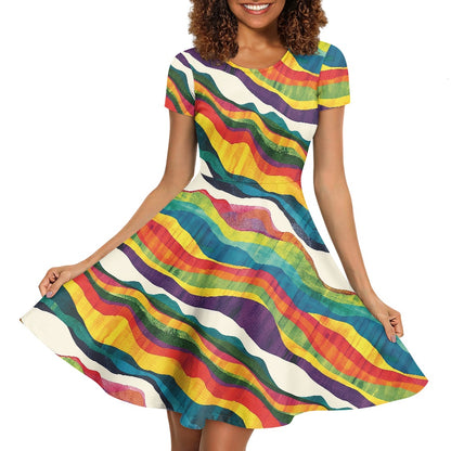 Women Scoop Neck Short Sleeve Ruffle Dress