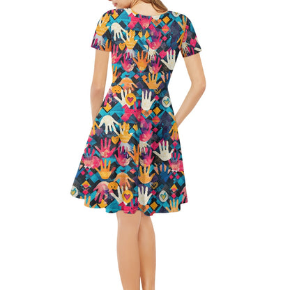 Women V-Neck Short Sleeve Ruffle Dress