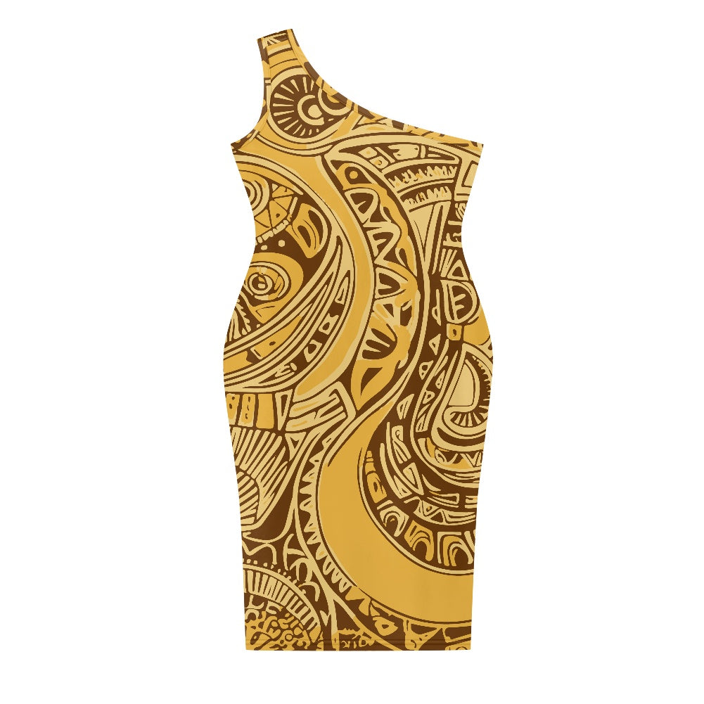 Discover Elegance: Luxtrini's One-Shoulder Slim Dress - Ethnic Gold white