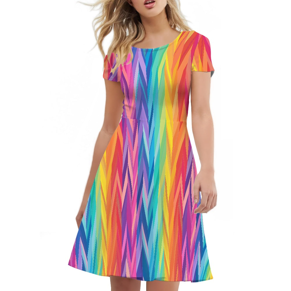 Rainbow Chevron Women Scoop Neck Short Sleeve Ruffle Dress