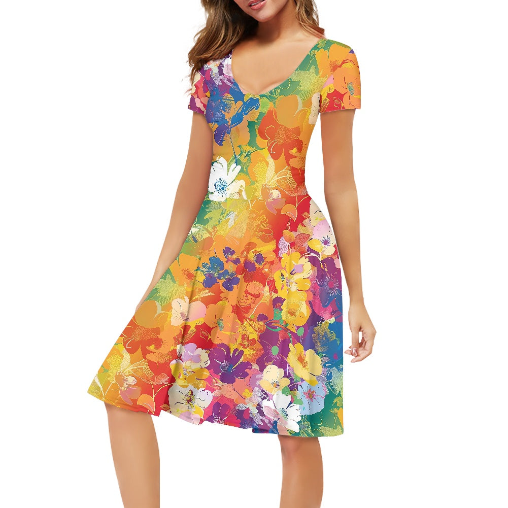 Women V-Neck Short Sleeve Ruffle Dress