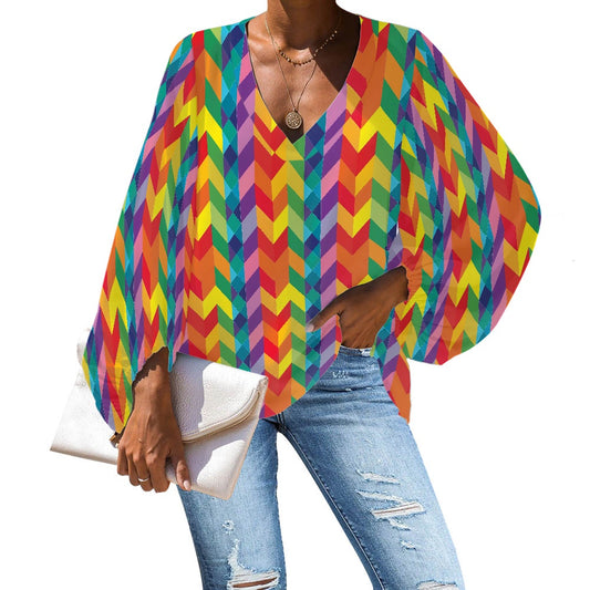 V-Neck Chiffon Puff Sleeve Blouse by Luxtrini 4XL