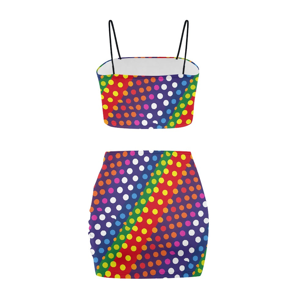 LGBTQ-Friendly Rainbow Polka Dot Fashionable Two-Piece Outfit: Bandeau Crop Top and High-Waist Mini Skirt by Luxtrini