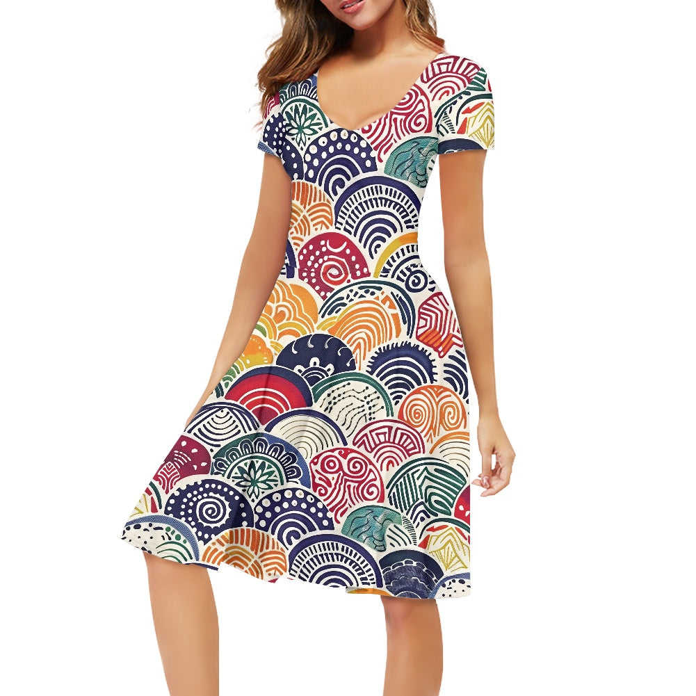 Women V-Neck Short Sleeve Ruffle Dress