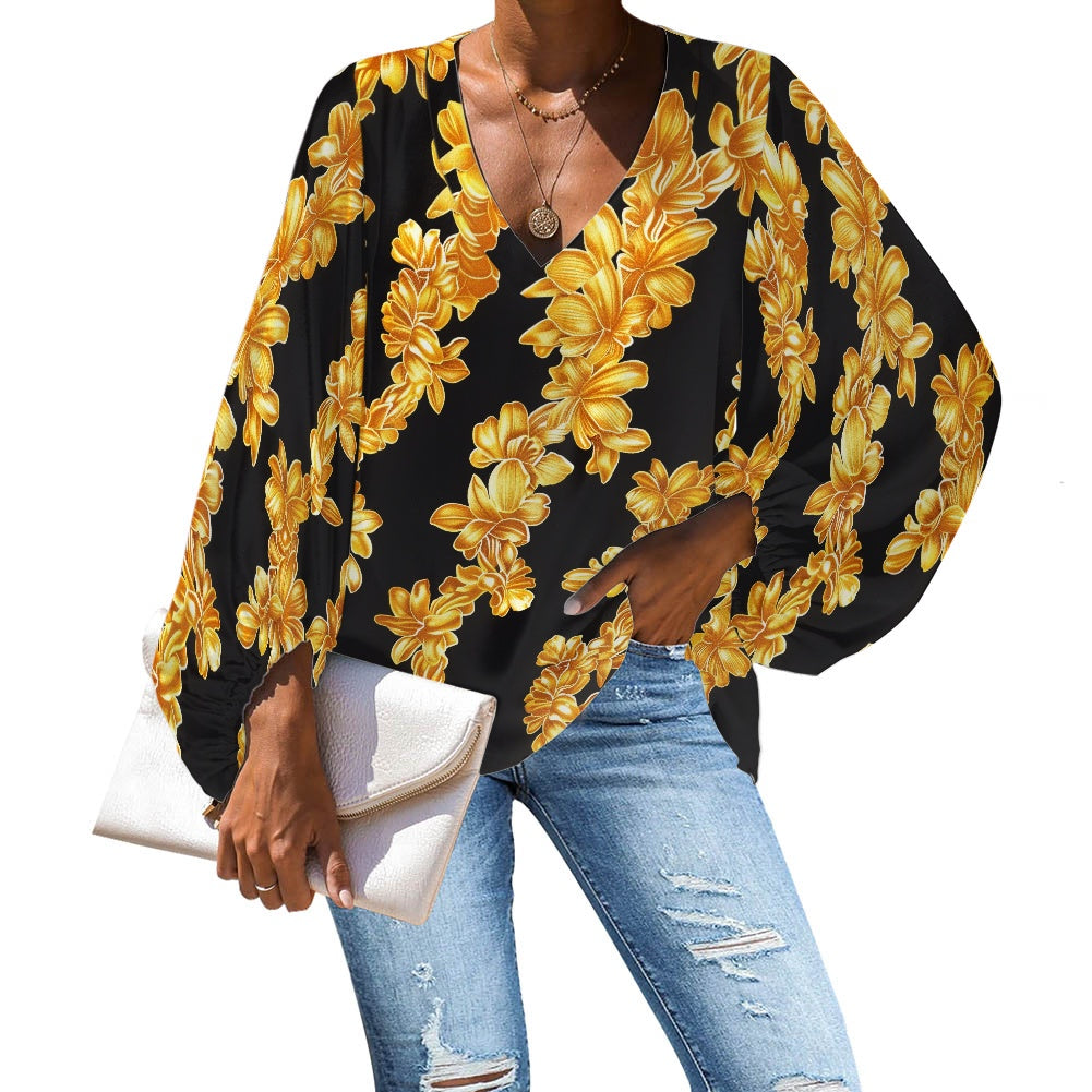 Lei Golden on Black V-Neck Chiffon Puff Sleeve Blouse by Luxtrini 4XL