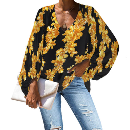 Lei Golden on Black V-Neck Chiffon Puff Sleeve Blouse by Luxtrini 4XL