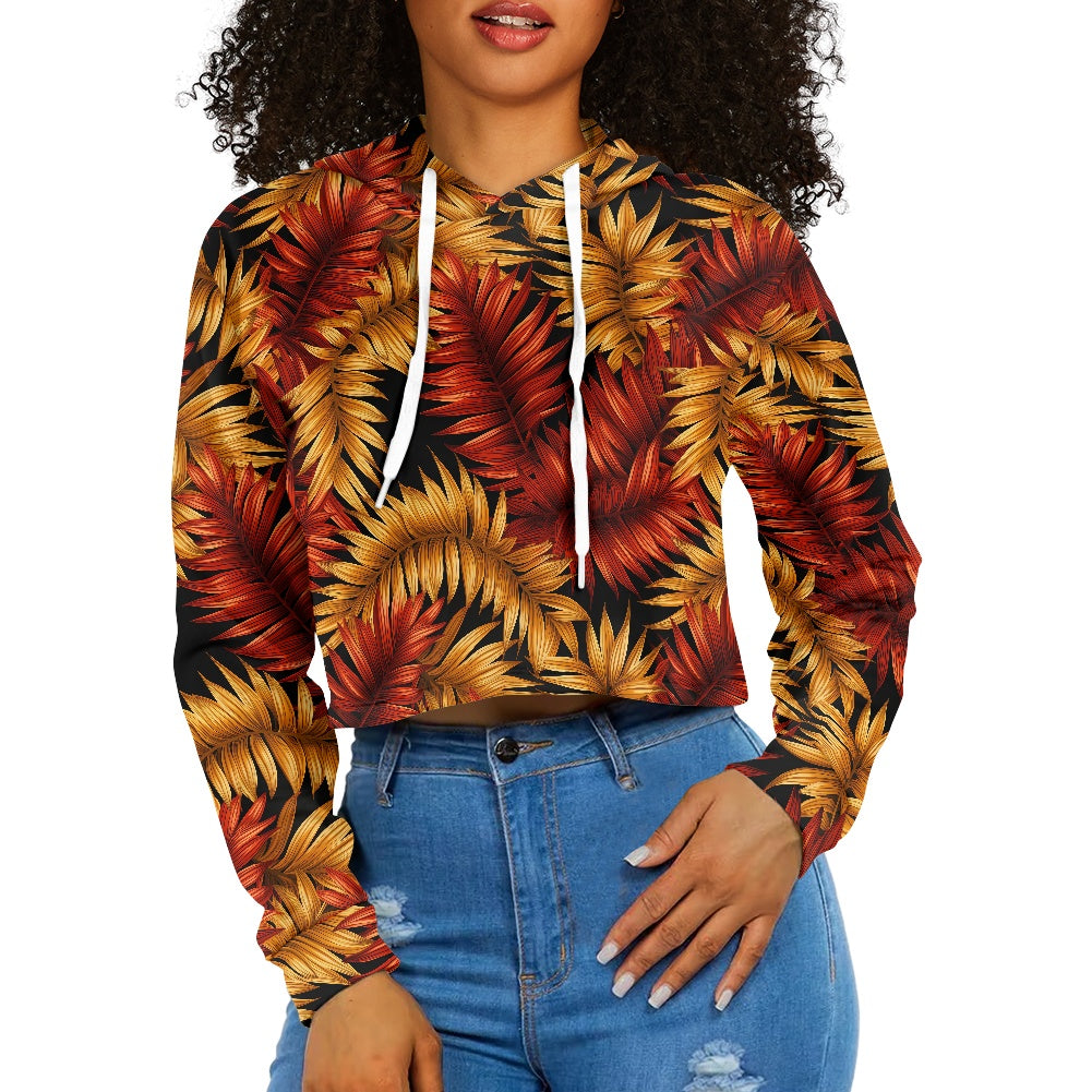 Women's midriff-baring sweatshirt - Red & Gold Tropical