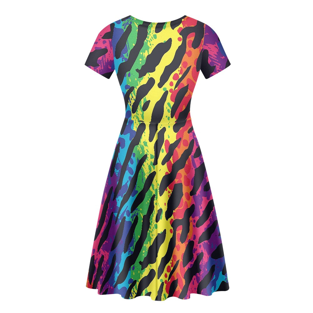 Women Scoop Neck Short Sleeve Ruffle Dress