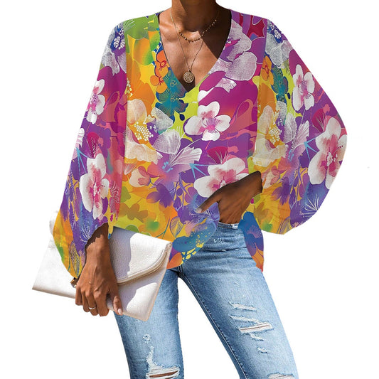 V-Neck Chiffon Puff Sleeve Blouse by Luxtrini 4XL