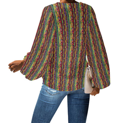 V-Neck Chiffon Puff Sleeve Blouse by Luxtrini