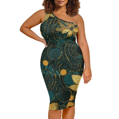Discover Elegance: Luxtrini's One-Shoulder Slim Dress - Green & Gold