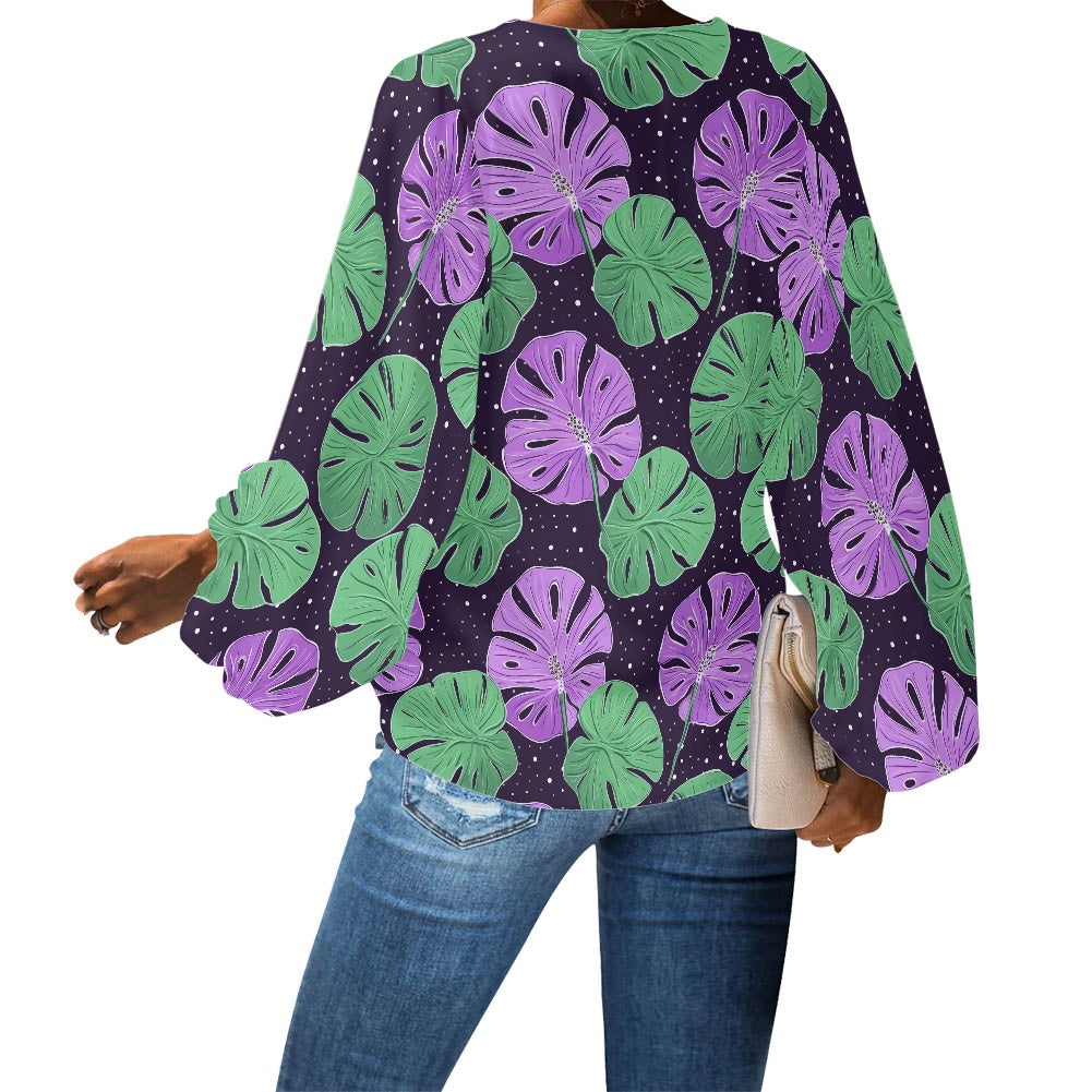 V-Neck Puff Sleeve Chiffon Blouse