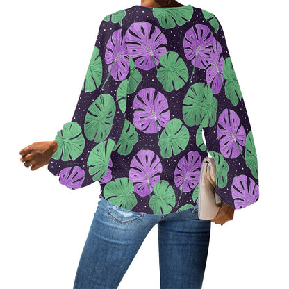 V-Neck Puff Sleeve Chiffon Blouse