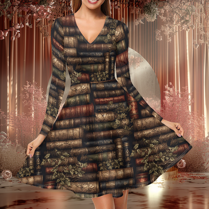 Embrace Sophistication with Luxtrini's Librarian V-Neck Long Sleeve Ruffle Dress