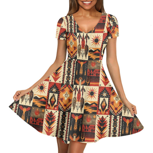 Women V-Neck Short Sleeve Ruffle Dress