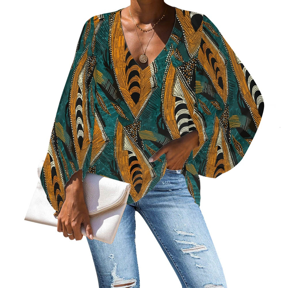 African Ethnic pattern V-Neck Chiffon Puff Sleeve Blouse by Luxtrini 4XL