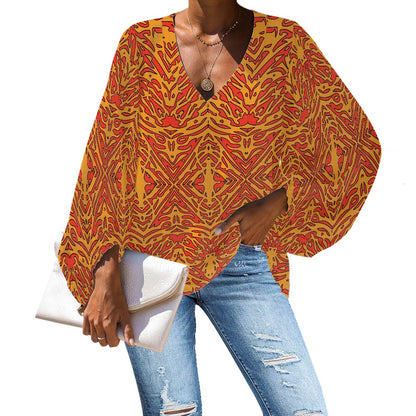 Orange Abstraction V-Neck Chiffon Puff Sleeve Blouse by Luxtrini 4XL