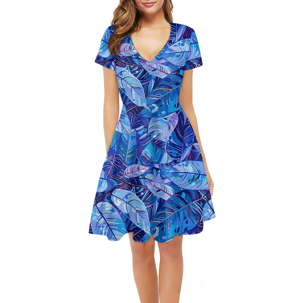 Women V-Neck Short Sleeve Ruffle Dress