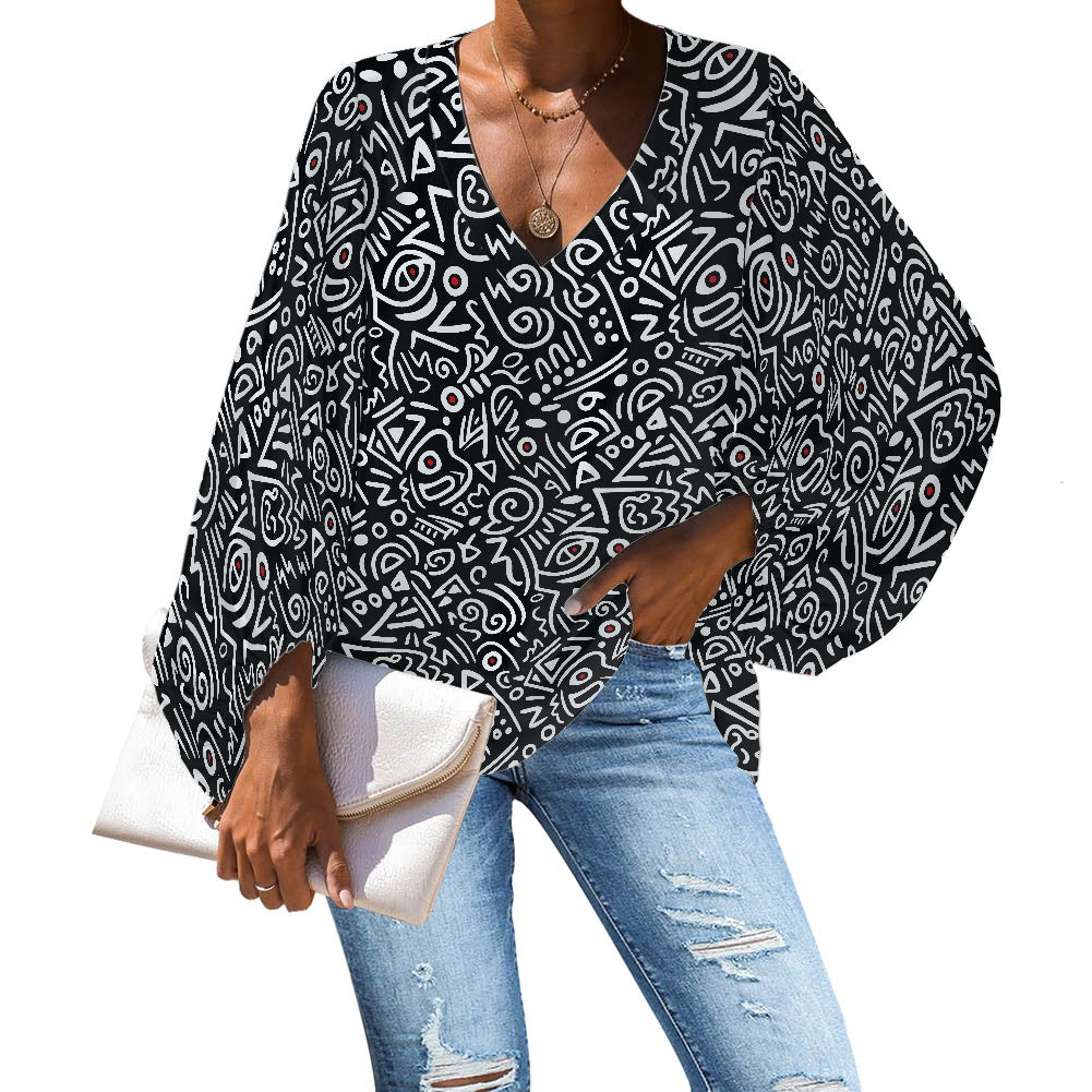 Black and White Tribal Art Pattern V-Neck Chiffon Puff Sleeve Blouse by Luxtrini 4XL