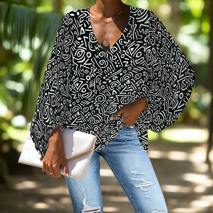 Black and White Tribal Art Pattern V-Neck Chiffon Puff Sleeve Blouse by Luxtrini