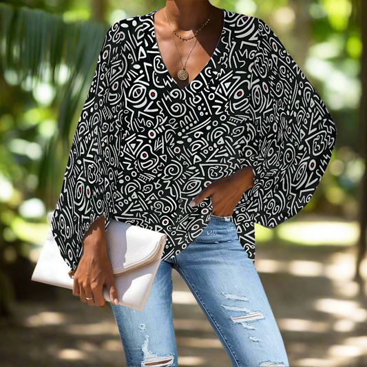 Black and White Tribal Art Pattern V-Neck Chiffon Puff Sleeve Blouse by Luxtrini