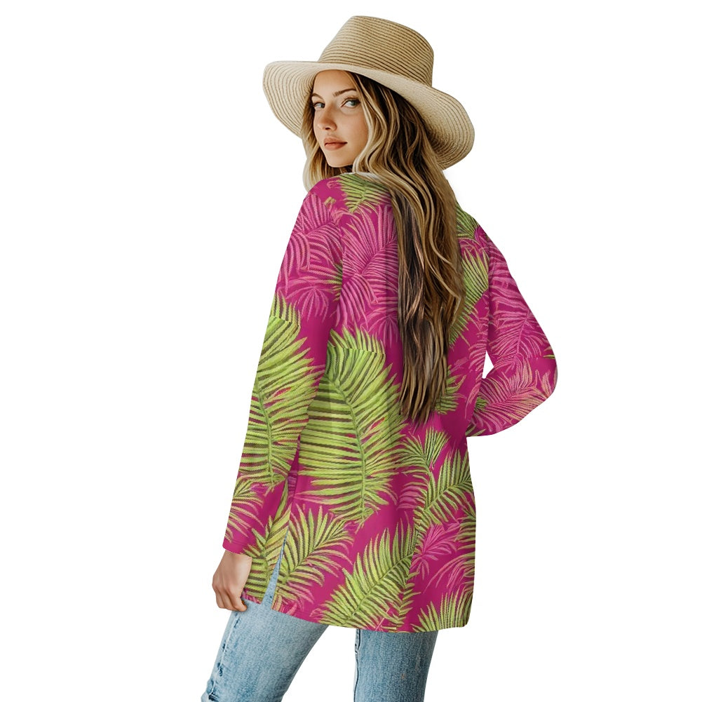Tropical Palm Leaf Cardigan – Lightweight Stretch Knit Open Front Jacket for Women | Eco-Friendly Resortwear Layer