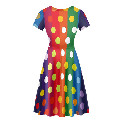 Rainbow Polka Women Scoop Neck Short Sleeve Ruffle Dress