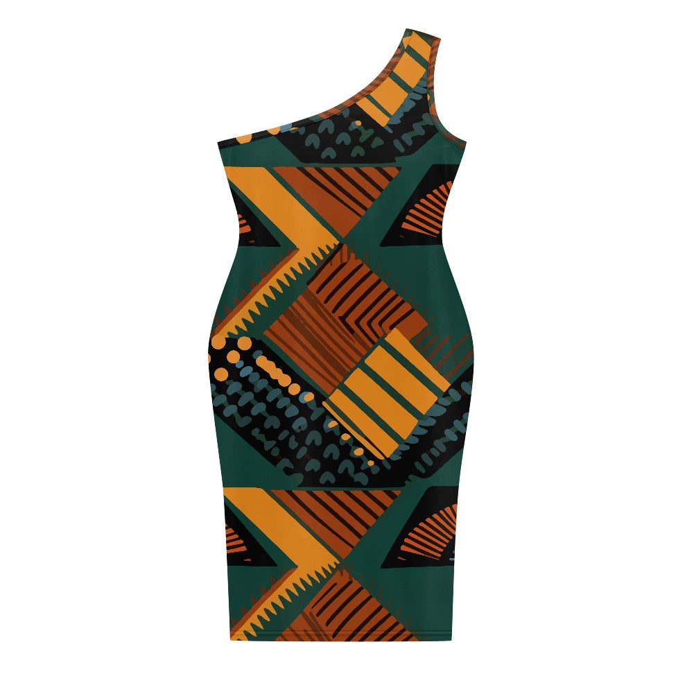 Discover Elegance: Luxtrini's One-Shoulder Slim Dress - Ethnic Abstract